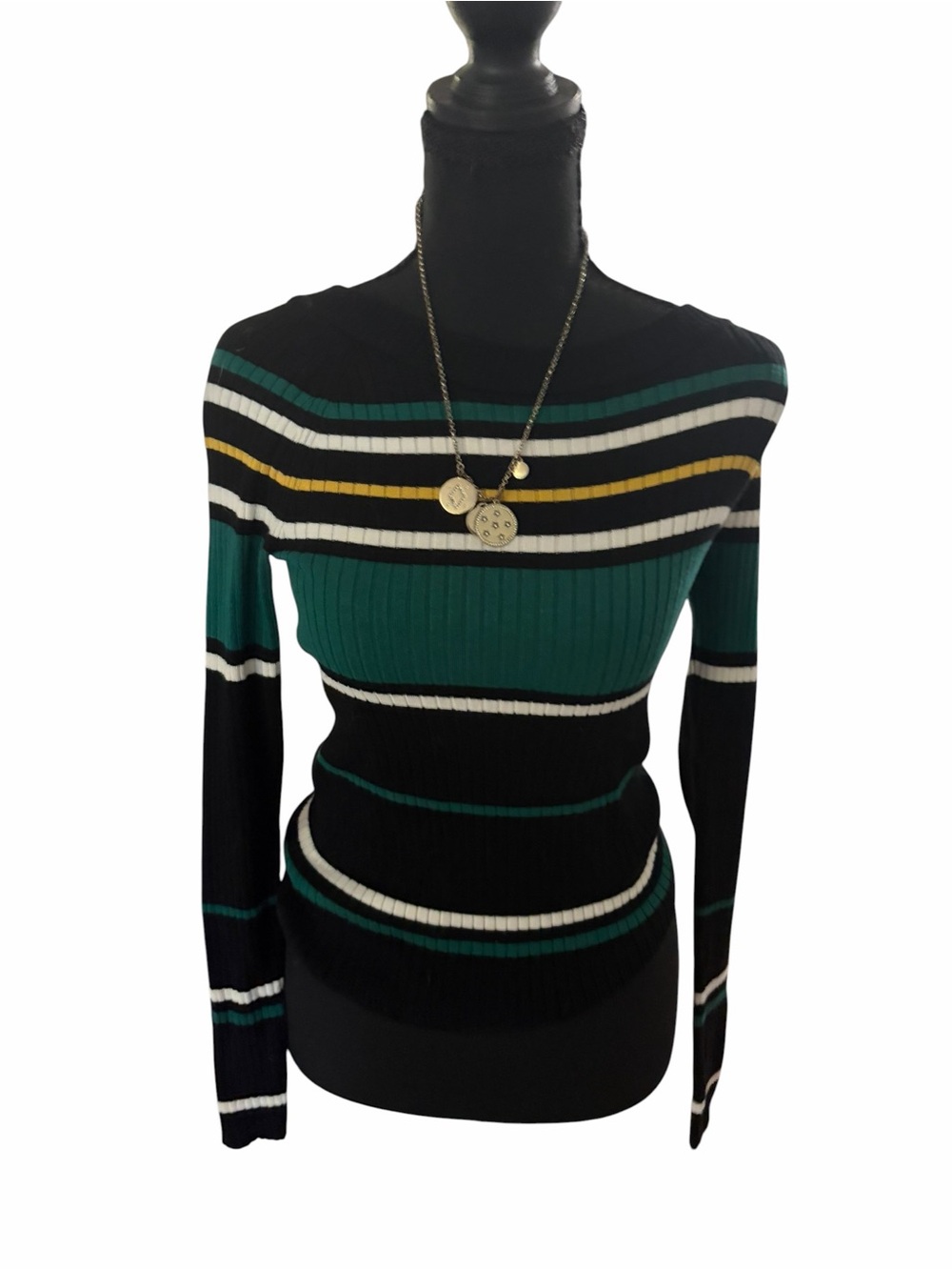 Striped Ribbed Long-Sleeve Sweater - Black & Teal Express